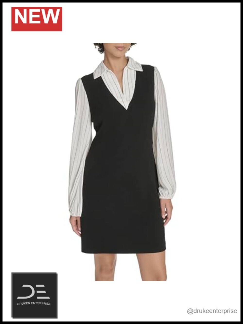 Women's Long Sleeve Collared Twofer Shift Mini Dress